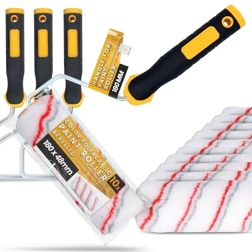 10x Instalguru Malerrolle Farbroller 18 cm 8x48 mm Polyacryl Streichrolle Malerwalze Farbwalze Lackroller Ersatzrolle mit 3x Griff Streichen Malen Renovierung für Farbe Lackier