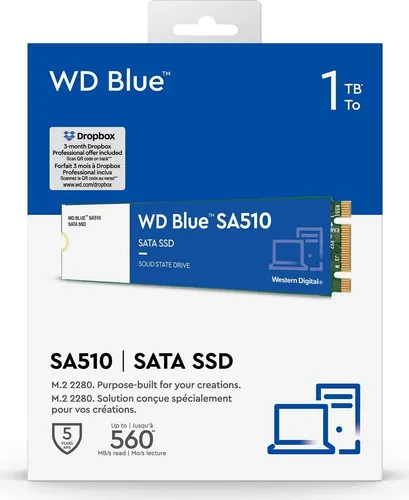 WD Blue SA510 SATA SSD 1 TB M.2 2280 - Hochgeschwindigkeits-Upgrade für PC und Laptop, 560 MB/s Lesen und 3 Monate Dropbox inklusive