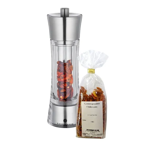 SET Zassenhaus Chili Mühle Aachen 18 cm - Gewürz-Geschenkideen mit hochwertigem Keramikmahlwerk für feines Chili-Pulver und 30 g Piri Piri Chili-Schoten – ideal für scharfe Liebhaber.