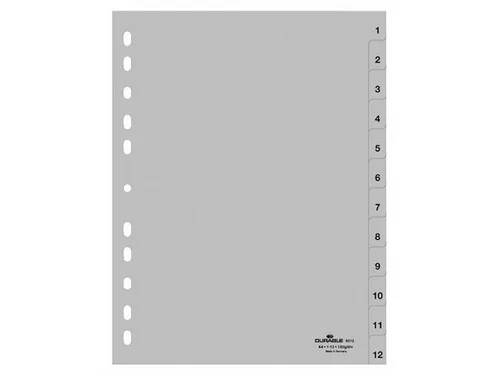 DURABLE Aktenordner Register A4 1-12 PP grau - Ordner für DIN A4, 12-tlg. Register mit Universallochung, langlebig aus PP und ideal für eine übersichtliche Dokumentenorganisation.