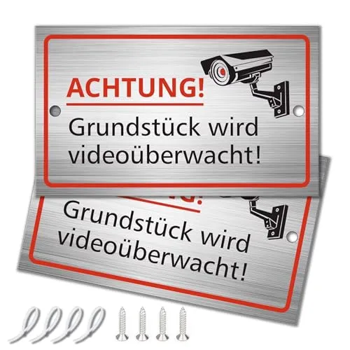Stück Videoüberwachung Schild, 10x6cm Aluminium Schilder Kameraüberwachung, Achtung Videoüberwachung für Privatgrundstück mit Selbstklebend und 2 Bohrlöcher, Schild Videoüberwachung, Warnschild 2
