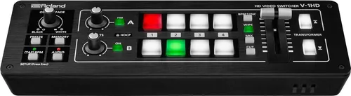 Roland V-1HD Video Switcher - Mischpult für Live-Events, transportabel mit 4 HDMI-Anschlüssen und 12-Kanal-Audiomixer, ideal für Präsentationen und Broadcast-Setups.