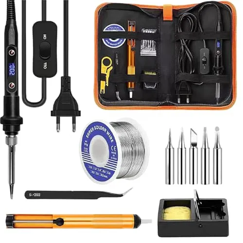 Lötkolben Set 80W LCD Einstellbar Temperatur, Temperaturbereich 180-520°C, Lötkolben mit Ein/Aus, 5 Spitzen, 50g Lötdraht, Entlötpumpe, Lötkolbenhalter, Lötset für Elektrische Arbeiten