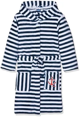 Playshoes Unisex Kinder Fleece-Bademantel Morgenmantel, Ringel, 134/140 - Bademantel für Baby-Jungen, flauschig weich mit großer Kapuze, ideal zum Aufwärmen nach dem Schwimmen oder zu Hause, Oeko-Tex-Standard 100 geprüft für schadstofffreie Sicherheit.