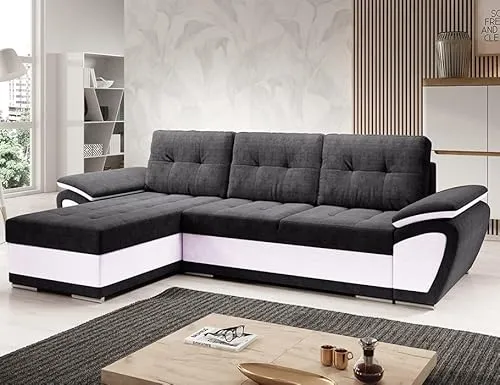 Easy4You ENZO Ecksofa L-Form Schwarz/Weiß mit Schlaffunktion - Modernes Ecksofa mit Schlaffunktion und Stauraum, ideal für kleine und große Räume. Hohe Qualität und abriebfester Bezug sorgen für Langlebigkeit und einfachen Komfort.