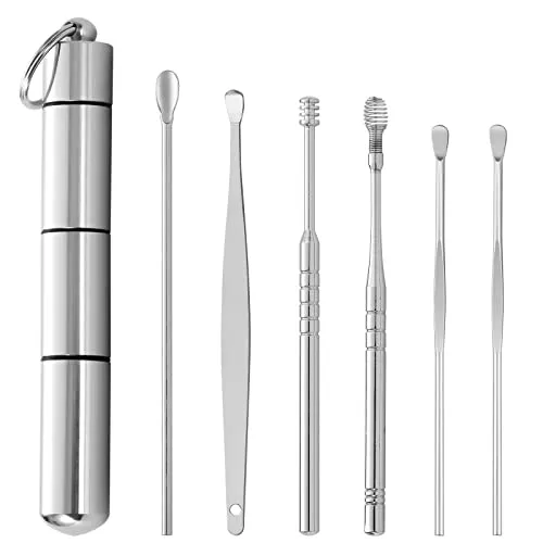 Ohrenschmalz Entferner Ohrenreiniger Werkzeug Edelstahl Ohrlöffel mit Metall Kleines Etui Ohr Pflege für Erwachsene Silber 6 Stück