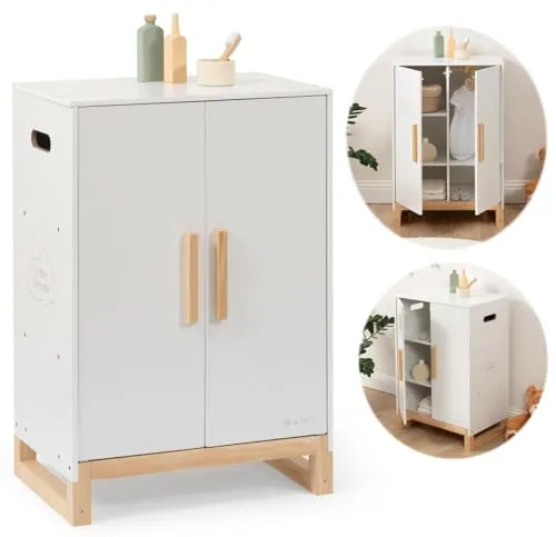 ELLA & PIET® Großer Puppenschrank Dressy aus Holz (Weiß-Schlamm) - Gesellschaftsspiel mit modernem Puppenschrank – Stilvoller Stauraum für Puppenkleidung und Zubehör, ideal für kreative Rollenspiele.