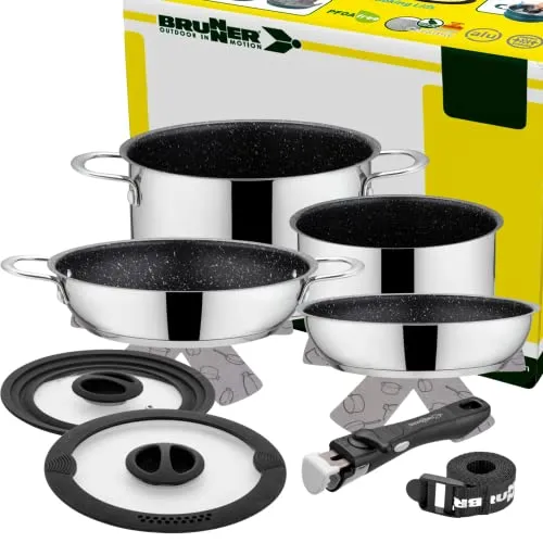 BRUNNER: Camping Topf-Set Edelstahl (Kochtöpfe, Bratpfanne & Griff) ø 22 cm - ACADEMY NG 7+1 Teilig - Elektro-Herd, Gaskocher, Induktion & Keramikkochfeld - Für 2-4 Personen