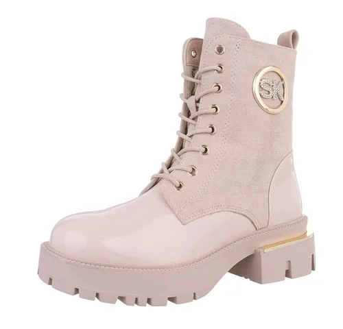 Ital-Design Damen Schnürschuhe Freizeit Schnürstiefelette (87214594) - Stilvolle Schnürstiefelette in Beige mit Blockabsatz. Ideal für Freizeit und Alltag, bietet hohen Tragekomfort durch die gepolsterte Innensohle.