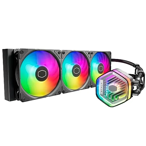 Cooler Master MasterLiquid Atmos 360 Black - Wasserkühlung mit Doppelkammerpumpe für optimale Kühlleistung, vorinstallierte Sickleflow 120 Edge-Lüfter und adressierbares Gen 2 RGB für individuelle Anpassung.