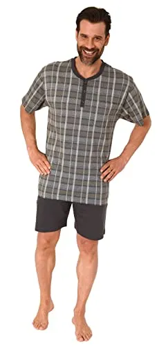 NORMANN-Wäschefabrik Herren Pyjama Shorty Schlafanzug Kurzarm mit Knopfleiste am Hals - auch in Übergrössen, Farbe:dunkelgrau, Größe:48