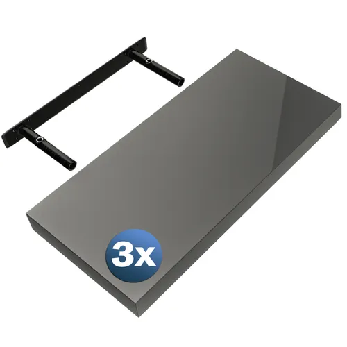 DeubaXXL DE Wandregal Schweberegal 50cm 3er-Set Hochglanz Grau + Halterung 997074