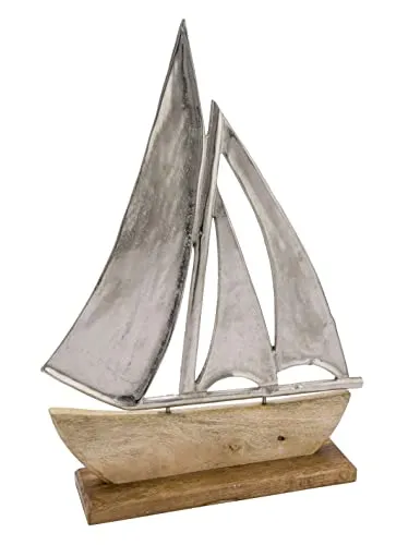 Alu Schiff mit Standfuß aus Mangoholz - 40 cm - Miniatur Wasserfahrzeug-Modelle, modernes maritimes Design für zeitlose Wohnraumdekoration mit Küsten-Feeling.