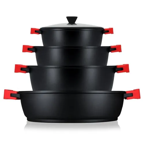 briebe Black Titanium Kochgeschirr-Set, 8-teilig, Induktion - Topf- & Pfannensets mit umweltfreundlicher PFOA-freier Antihaftbeschichtung, die gesundes Kochen mit minimalem Öl ermöglicht und für alle Herdarten geeignet ist.