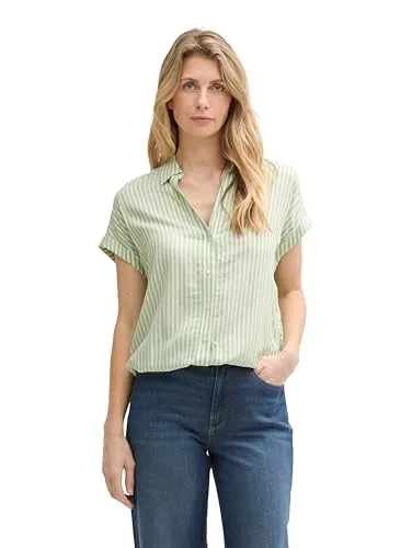 TOM TAILOR Shirtbluse in True Green White Thin Stripe - Blusenshirts aus 100% Viskose, pflegeleicht bei 30°C, perfekt für einen lässigen und stylischen Look.