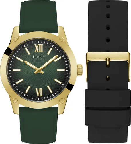 GUESS Herren Analog Quarz Uhr GW0630G2 - Armbanduhren für Herren mit 44 mm goldfarbenem Gehäuse und grünem Zifferblatt, ausgestattet mit einem komfortablen Leder/Silikon-Armband für einen trendigen Look.