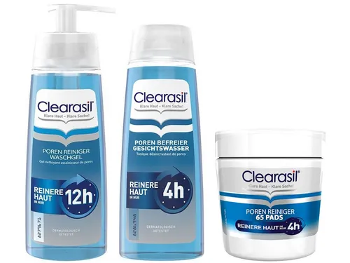 Clearasil Gesichtreinigungs-Set mit Pads, Waschgel & Gesichtswasser - 3-teiliges Set für die tägliche Gesichtsreinigung, hilft bei der Reinigung und Pflege der Haut, für alle Hauttypen geeignet, dermatologisch getestet.