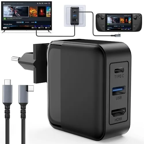 65W USB C Hub Ladegerät für Steam Deck Adapter 4K 60Hz HDMI, USB 3.0, GaN PD Schnellladeanschluss, 3 in 1 TV Modus Adapter für Steam Deck Dock/ROG Xbox Ally/iPad/Galaxy/Tablet/MacBook Portable Travel