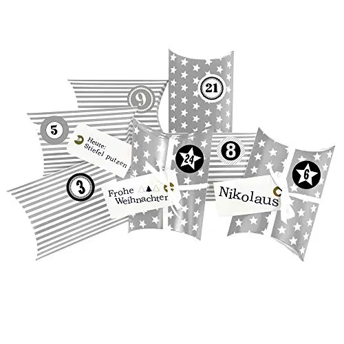 Frau WUNDERVoll® DIY ADVENTSKALENDER CHRISTKIND zum Befüllen, grau Sterne und Streifen, Ziffern grau, Kissenschachteln 15x11x4,5cm / Weihnachten, Papiertüten, Kinder, Geschenkbeutel, Aufkleber