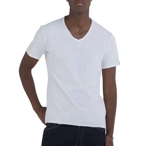 Replay Herren T-Shirt Kurzarm V-Ausschnitt, Weiß XXL - T-Shirts für Herren, aus hochwertigem BASIC JERSEY, ideal für lässige Looks und optimalen Tragekomfort.