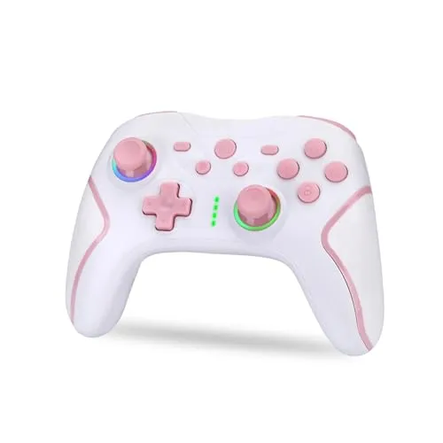 NK Wireless Switch Controller, kompatibel mit Switch/OLED/Lite/Pro, mit Wake-Funktion, Makro-Einstellungen, Bluetooth, 6-Achsen-Sensor, Turbo, Dual Shock Vibration, LED-Anzeigen, Schwarz (Rosa/Weiß)