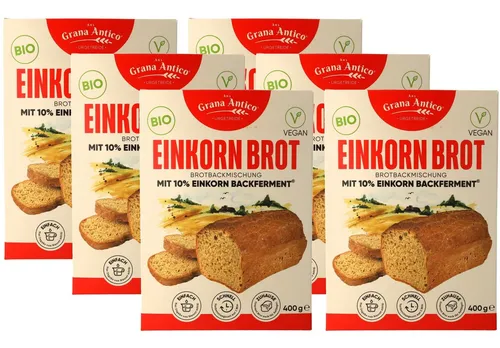 Grana Antico BIO Dinkel- und Einkorn-Backmischung (6 x 400 g) - Entdecke die Grana Antico® BIO Backmischung für köstliches Brot aus ursprünglichem Einkorn. Einfach in der Zubereitung, ideal für Backofen und Brotbackautomat. Genieße den mild-nussigen Geschmack und die unkomplizierte Anwendung!