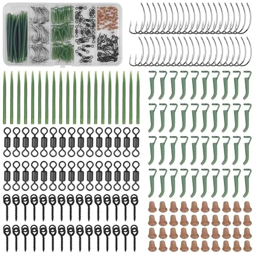 Karpfen Zubehör Set Karpfenangeln Angelzubehör Box, Karpfen Boilies Rigs Karpfenhaken Sicherheits Clips Anti Tangle Ärmel Quick Change Tail Gummi Rohre