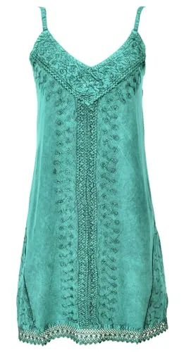 Besticktes indisches Boho Kleid - Aqua, Hippie Chic Minikleid - Kleider, 100% Viskose, fair gehandelt in Indien und ideal für warme Frühling-Sommer Tage.