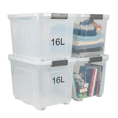 Plastard Aufbewahrungsbox mit Deckel & Rollen 4er-Set - Stapelbare transparente Aufbewahrungsboxen mit 16 Litern Volumen, ideal für Spielzeug oder Lagerung. Mit Rollen für einfachen Transport und Clipverschluss für sicheren Halt.
