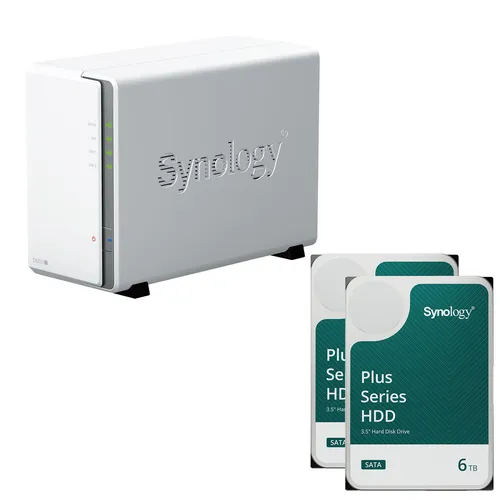 Synology DiskStation DS223J NAS-Server mit 12 TB Speicher - Leeres Gehäuse mit 2 Einschüben und 2x 6 TB SATA HDDs für zuverlässige Datenspeicherung und -verwaltung, ideal für Heim- und Büroanwendungen.