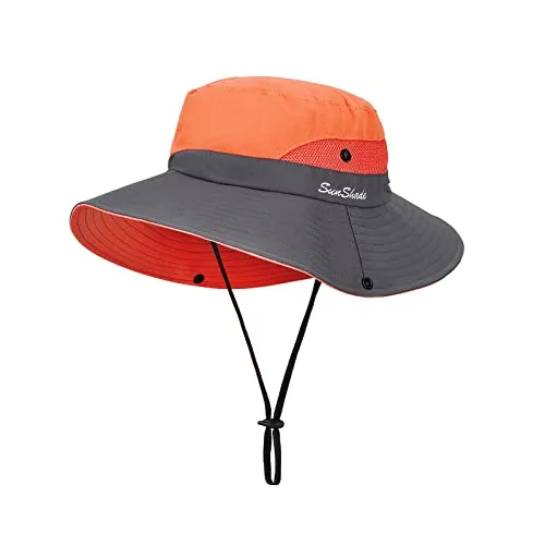 Sonnenhut Damen Sonnenhüte Breite Krempe UV-Schutz Angeln Hut Mesh Strand Sonnenhut Faltbar Sonnenschutzhut für Gartenarbeit Reisen Wandern Angeln 56-58CM (Orange)