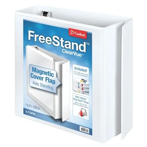 Produktbild Cardinal 3-Ringbuch, 7,6 cm, freistehender Ordner mit magnetischer Abdeckklappe, Regalzug und 5 farbcodierten Ringen, One-Touch, leicht zu öffnende, schräge D-Ringe, hält 650 Blatt, Weiß