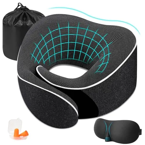 Nackenkissen Flugzeug, Reisekissen Memory Foam, Ergonomisch Gestaltetes Nackenhörnchen Erwachsene, Reise Nackenkissen mit 3D Schlafmaske Ohrstöpsel Netztasche Ideal für Reisen, Flugzeug, Auto, Zug (B)