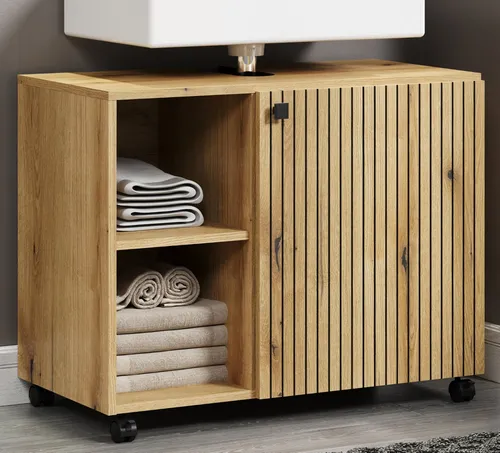 Waschbeckenunterschrank Bliss aus Eiche - Modern und Praktisch - Badezimmerschrank in Staboptik mit verstellbaren Regalböden und praktischen Rollen für einfache Mobilität. FSC®-zertifiziertes Material sorgt für Nachhaltigkeit.