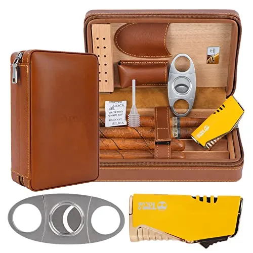 4-Finger tragbares Reise Leder Zigarrenetui, Zigarrenschneider, Zigarren Befeuchter mit Zigarrenschneider und Befeuchter, Trauzeugen Geschenk, Geburtstagsgeschenk (581)