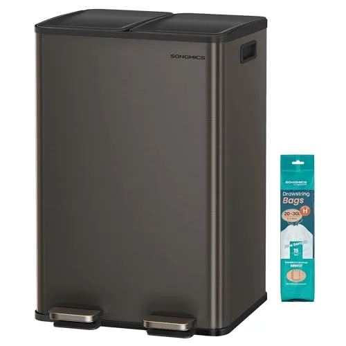 SONGMICS Mülleimer Küche, 2 x 30 Liter, 2 Fächer, Abfalleimer, Tretmülleimer, Küchenmülleimer mit Softclose-Deckel und Inneneimer, Edelstahl, inklusive 15 Müllbeutel, schiefergrau LTB741G01
