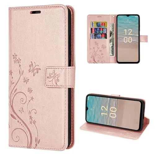 betterfon Hülle Kompatibel mit Nokia G22 | Premium PU Leder Handyhülle Wallet Case für G22 | Schutzhülle Blumen Klapphülle Handyhülle | Rosegold