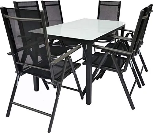 VCM 7-tlg Gartenmöbel Set - Sitzgruppe mit Tisch und 6 Stühlen - Gartenmöbel-Set mit klappbaren Stühlen für platzsparende Lagerung. Tisch aus robustem ESG-Sicherheitsglas, ideal für Gartenpartys oder entspannte Grillabende.