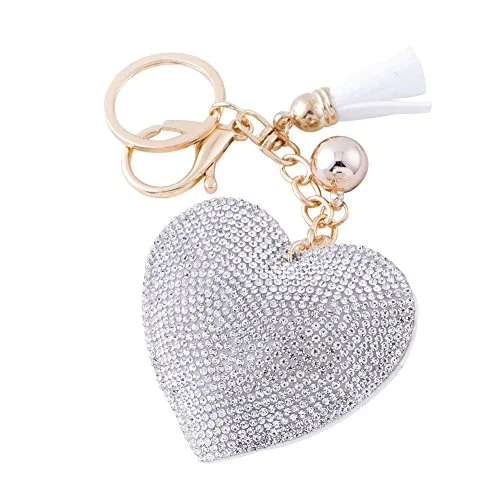 Soleebee Leder Liebes-Herz Keychain Bling Kristallstrass Taschen Koffer Rucksäcke Zubehör Charm Auto Schlüsselanhänger Schlüsselring mit Quasten (Weiß)