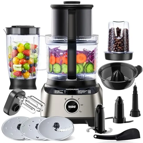 YASHE Multifunktionale Küchenmaschine, 11-in-1 Blender, Mixer, Zerkleinerer, Entsafter und Teigmaschine mit 2,5L Schüssel & 1,5L Mixbehälter, 1300W, 3-Gang, Pulsfunktion, Sicherheitsverriegelung