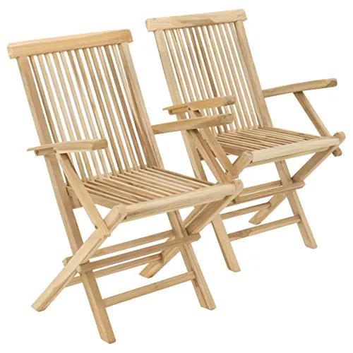 Divero 2er Set Klappstuhl Bergamo aus Teak-Holz, unbehandelt - mit Armlehnen – Farbe: Natur-Braun