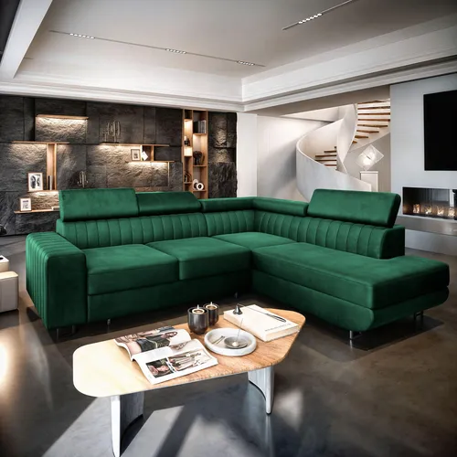 Masseno Ecksofa NOLA R-S mit Schlaffunktion - Modernes Wohnzimmermöbel in Grün - Sofa mit Schlaffunktion und Stauraum, ideal für Gäste und vielseitig einsetzbar. Elegantes Design und hoher Komfort machen es zum perfekten Mittelpunkt Ihres Wohnzimmers.