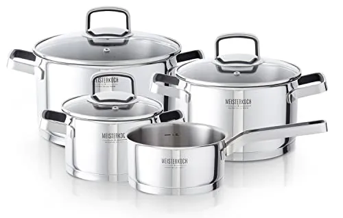 MEISTERKOCH Edelstahl Kochtopf Set 4-teilig - Hochwertiges Kochtopf Set aus Edelstahl, geeignet für alle Herdarten. Mit Füllstandsanzeige und Glasdeckel für einfaches Kochen und optimale Kontrolle.