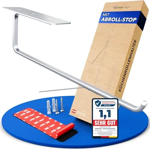 WOHNHELD Küchenrollenhalter ohne Bohren - Mit Abroll-Bremse - Zewa Rollenhalter zum Einhändig Abreißen - Wand Küchenpapierhalter Silber