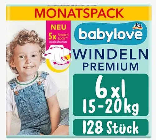 babylove Windeln Premium Gr. 6, XXL, 15-20 kg, Monatspack, 128 Stück