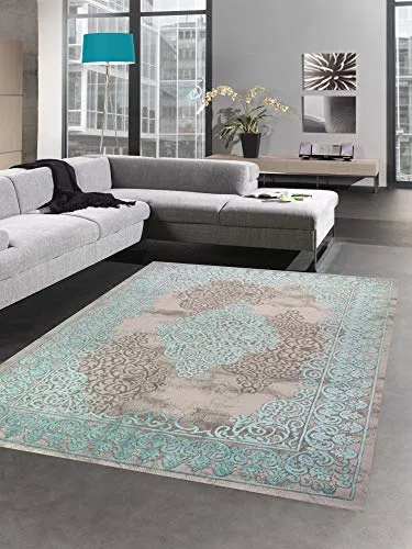 CARPETIA Teppich Wohnzimmerteppich Ornamente Vintage türkis grau Größe 80 x 300 cm