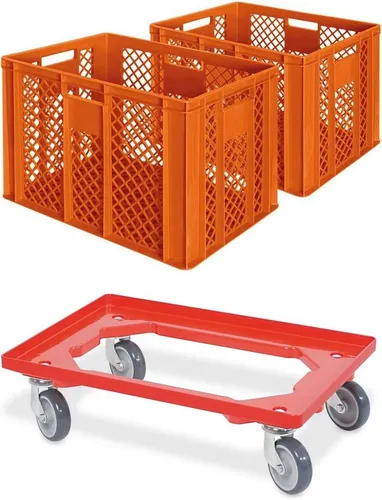 BRB-Lagertechnik Stapelbox 2x Eurobehälter/Bäckerkiste, LxBxH 600x400x410 mm + Transportroller, Stoßfest, robust und formstabil