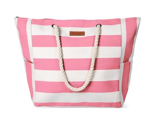 HEYO Strandtasche Damen Große Badetasche mit Reißverschluss Freizeittasche Sommer Tasche Gestreift Shopper Bag Einkaufstasche XXL (Rosa)