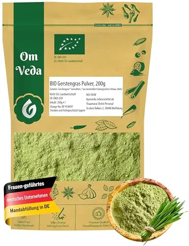 BIO Gerstengras Pulver | Rohkostqualität | 100% reines Gerstengraspulver | vegan, glutenfrei, laktosefrei | OmVeda (200g)