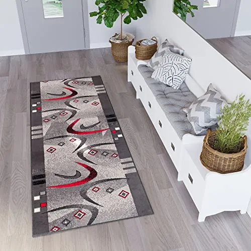 TAPISO Dream Läufer Teppich Meterware Flur Brücke Modern Streifen Bumerang Grau Rot Schwarz Schlafzimmer Wohnzimmer ÖKOTEX 120 x 420 cm